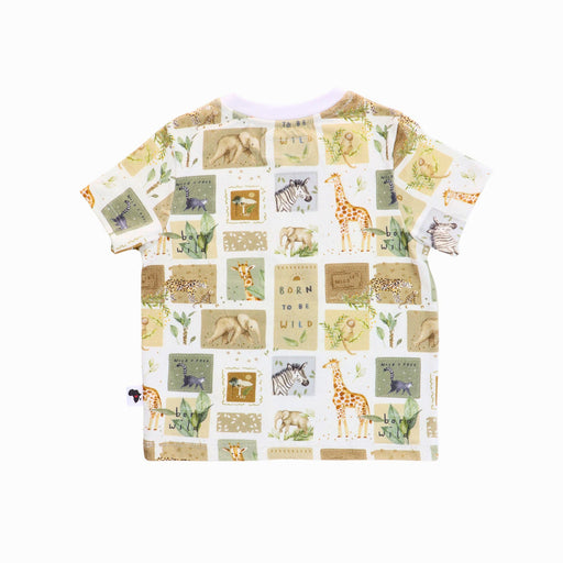 Back view of Tee Shirt – Safari Stamps cotton and lycra kids tee with safari animal stamp print