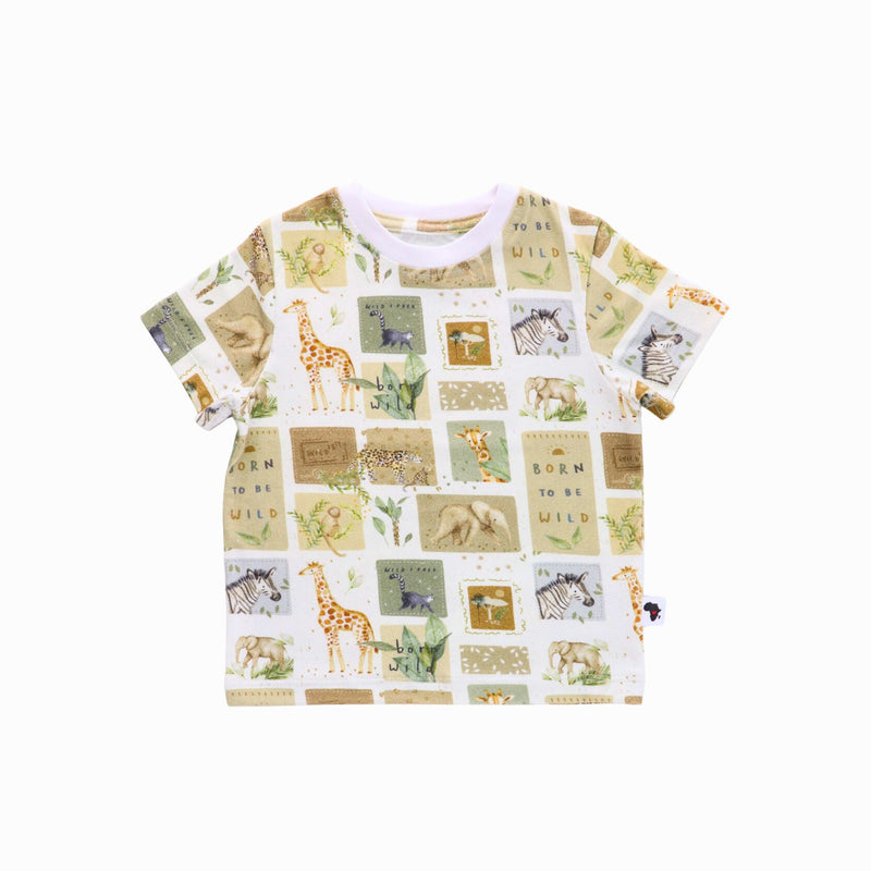 Tee Shirt – Safari Stamps cotton and lycra kids tee with safari animal stamp print