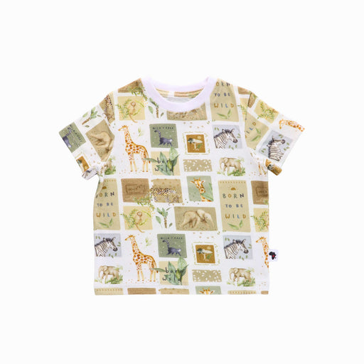 Tee Shirt – Safari Stamps cotton and lycra kids tee with safari animal stamp print