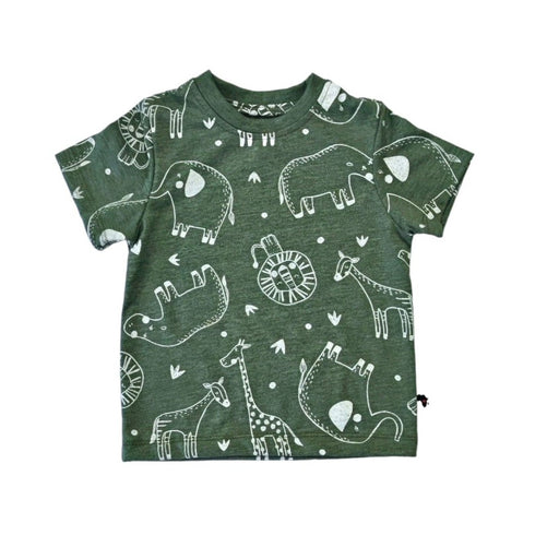 Sage coloured kids tee shirt with white outlined images of wild animals