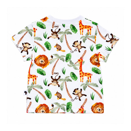 Back view of the Tee Shirt - Simba Watercolour on a white base, featuring watercolour lions, giraffes, monkeys, turtles, palm trees and green tropical leaves, with short sleeves and a white ribbed neckline.