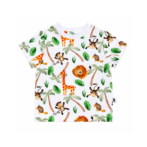 Front view of the Tee Shirt - Simba Watercolour with colourful watercolour lions, giraffes, monkeys and turtles among tropical foliage, finished with short sleeves, a white crew neckline and Baba Fishees side label.