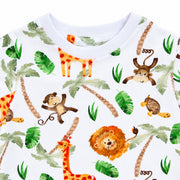Close-up of the Tee Shirt - Simba Watercolour showing the white ribbed crew neckline, neat topstitching and detailed lion, giraffe, monkey, turtle and tropical-leaf print.