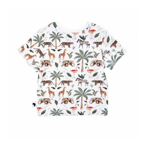 Back view of white Tee Shirt – Two By Two showing the relaxed baggy shape, short sleeves and repeating African animal and tropical palm print