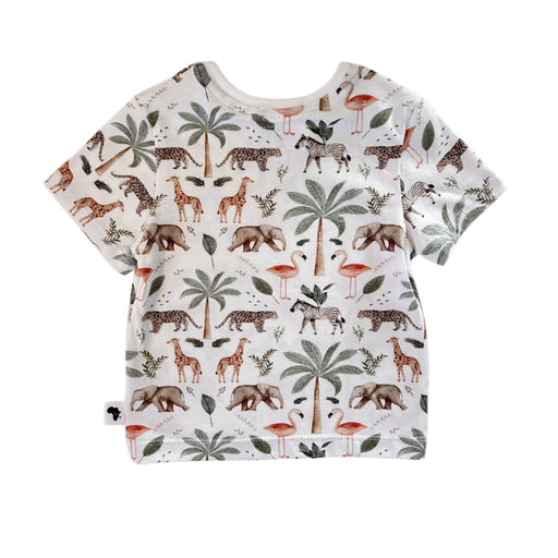 Back view of white Tee Shirt – Two By Two showing the relaxed baggy shape, short sleeves and repeating African animal and tropical palm print