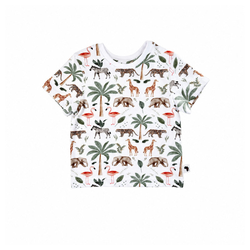 Front view of white Tee Shirt – Two By Two with short sleeves, a white ribbed neckline and an all-over giraffe, elephant, flamingo, zebra, leopard and palm-tree print