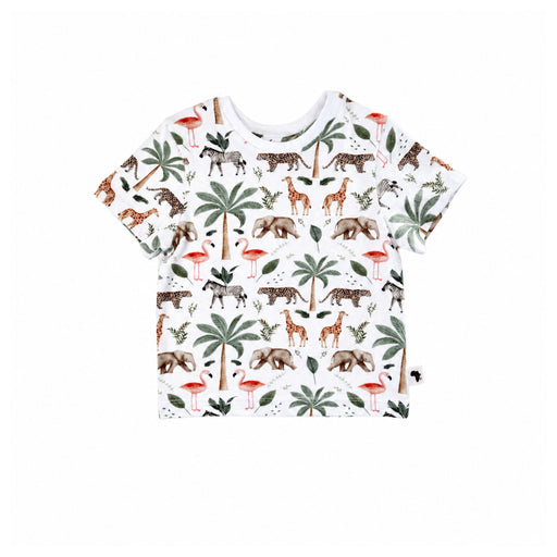 Front view of white Tee Shirt – Two By Two with short sleeves, a white ribbed neckline and an all-over giraffe, elephant, flamingo, zebra, leopard and palm-tree print