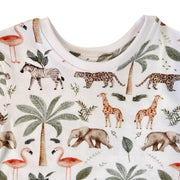 Neckline close-up of Tee Shirt – Two By Two showing the white ribbed round neck, neat topstitching and detailed zebra, leopard, giraffe and elephant illustrations