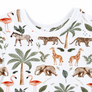 Neckline close-up of Tee Shirt – Two By Two showing the white ribbed round neck, neat topstitching and detailed zebra, leopard, giraffe and elephant illustrations