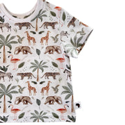 Side close-up of Tee Shirt – Two By Two showing the short sleeve, straight hem, Baba Fishees Africa side label and colourful animal print