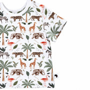 Side close-up of Tee Shirt – Two By Two showing the short sleeve, straight hem, Baba Fishees Africa side label and colourful animal print