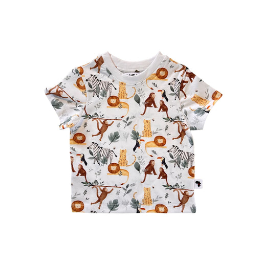 Front view: White Tee Shirt - Watercolour Jungle with lions, zebras, monkeys, leopards and toucans