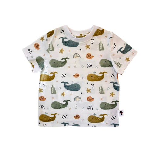 Tee Shirt - Whales on White white cotton kids’ tee with blue, grey and mustard whale print