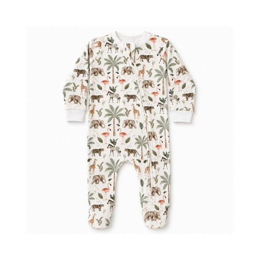 Footy Romper - Two By Two white cotton baby sleepsuit with elephants, giraffes, zebras, leopards, flamingos and palm trees.
