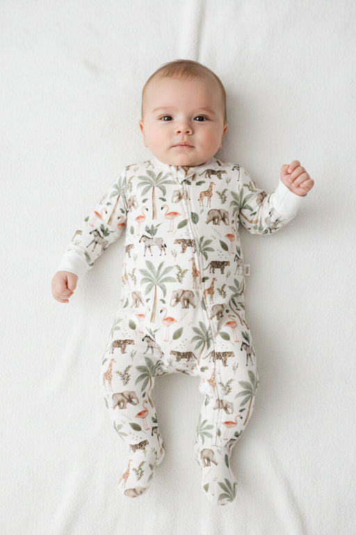Footy Romper - Two By Two white cotton baby sleepsuit with elephants, giraffes, zebras, leopards, flamingos and palm trees.