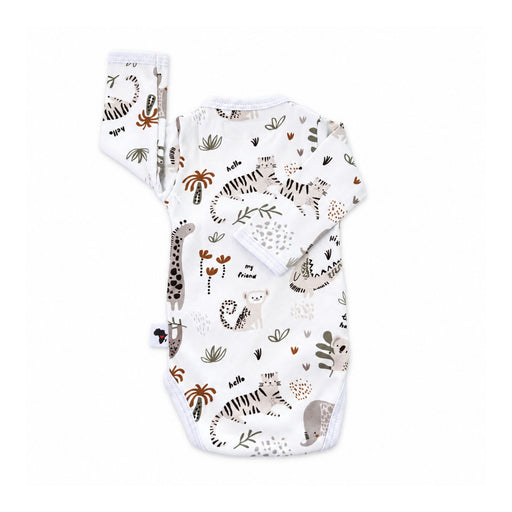 Wrap Onesie - Long Sleeve - Hi There White, back view with white trims, striped tigers, a spotted giraffe, monkey and elephant among olive leaves and rust plants.