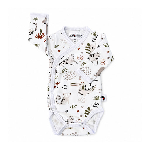Wrap Onesie - Long Sleeve - Hi There White, front view showing white-bound crossover opening, side press studs and beige animals with olive and rust details.