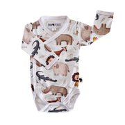 A long-sleeve baby bodysuit with an all-over safari animal print, featuring a white base with illustrations of a rhinoceros, elephant, crocodile, lion, and okapi. The brand name 'BABA FISHEES' is visible on the inner neck label.