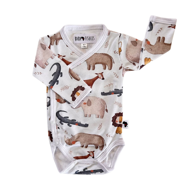 A long-sleeve baby bodysuit with an all-over safari animal print, featuring a white base with illustrations of a rhinoceros, elephant, crocodile, lion, and okapi. The brand name 'BABA FISHEES' is visible on the inner neck label.
