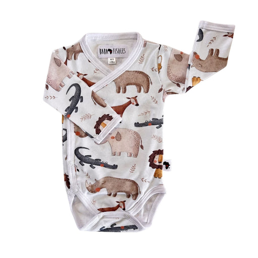 A long-sleeve baby bodysuit with an all-over safari animal print, featuring a white base with illustrations of a rhinoceros, elephant, crocodile, lion, and okapi. The brand name 'BABA FISHEES' is visible on the inner neck label.