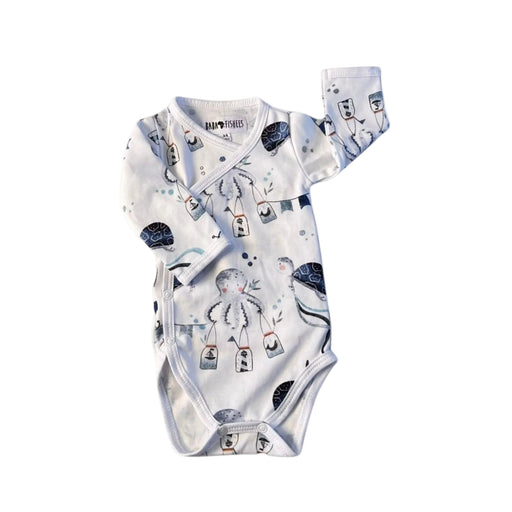 Wrap Onesie - LS - Otto the Octopus in white with octopus, turtles, bunting and ocean-themed details