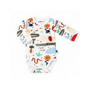 wrap onesie - ls - rust ellie with long sleeves, wrap-front press stud fastening and rust ellie print