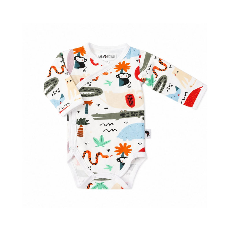 wrap onesie - ls - rust ellie with long sleeves, wrap-front press stud fastening and rust ellie print
