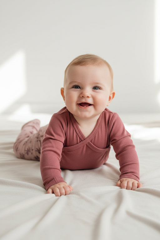 Wrap Onesie - LS - Plum in plain plum with long sleeves and press stud wrap fastening