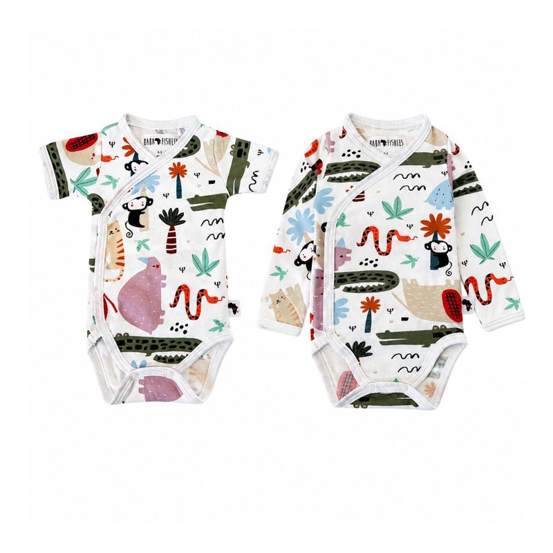 Wrap Onesies in Rust Ellie print in short and long sleeves
