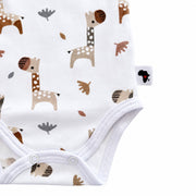 Bottom close-up of Wrap Onesie - Short Sleeve - Kameelperd showing two crotch press studs, bound leg openings and Baba Fishees Africa side label