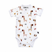 A baby short-sleeve wrap bodysuit with an all-over giraffe print on a white background, featuring a white trim and snap closures.
