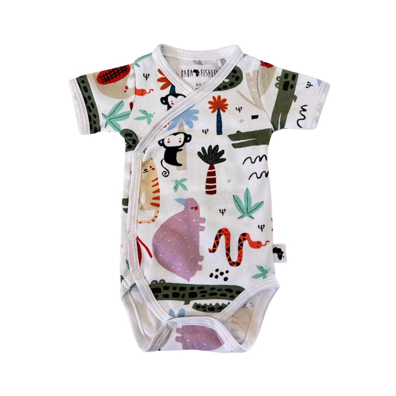 A baby short-sleeve wrap onesie with a white base and a colorful cartoon animal and nature print, featuring a monkey, crocodile, snake, and palm tree motifs. The brand name BABA FISHEES' is visible on the inner neck label.