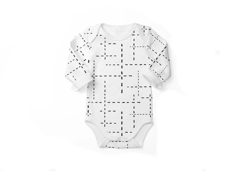 CLASSIC ONESIE - LS - WHITE WITH BLACK DASH LINES - BABAFISHEES