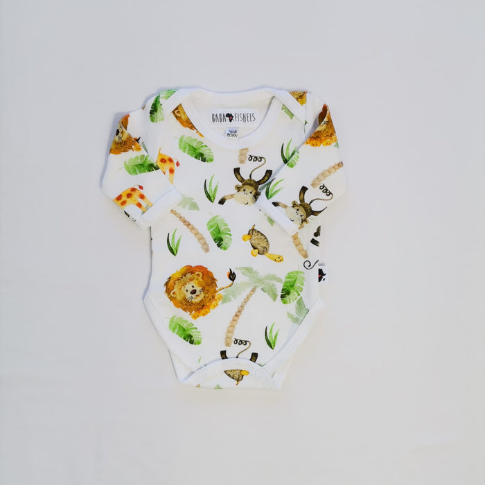 A soft, high-quality long sleeve cotton classic onesie featuring colourful watercolor illustrations of various jungle animals, including a lion, giraffe, and monkey, along with palm trees and green leaves scattered throughout the design.
