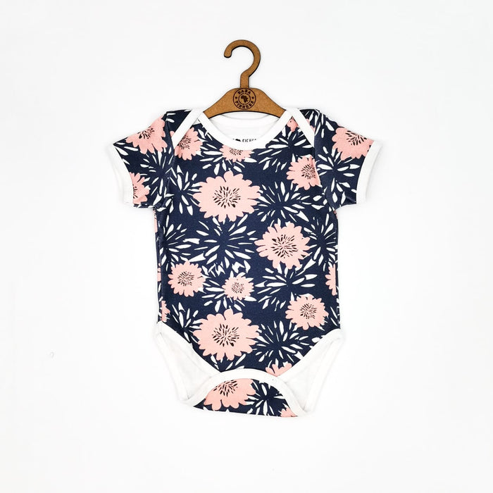 CLASSIC ONESIE - SS - NAVY & PINK FLOWERS - BABAFISHEES