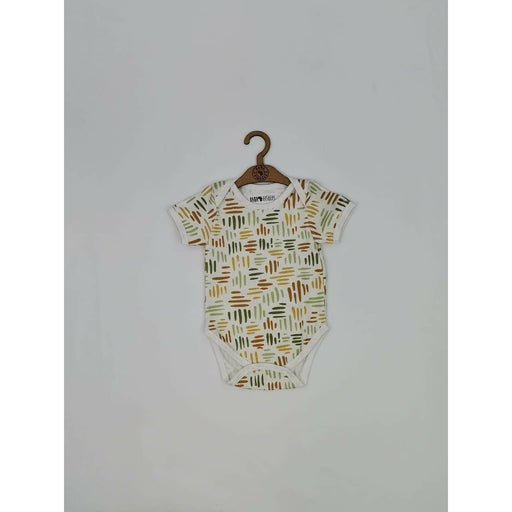 A soft, high-quality short sleeve cotton classic onesie with blocks of horizontal and vertical stripes in different colours.
