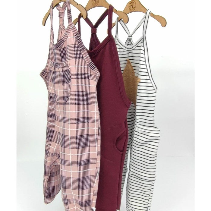 SPAGHETTI STRAP ROMPER PINK PLAID WITH LONG SLEEVE WHITE TEE - BABAFISHEES