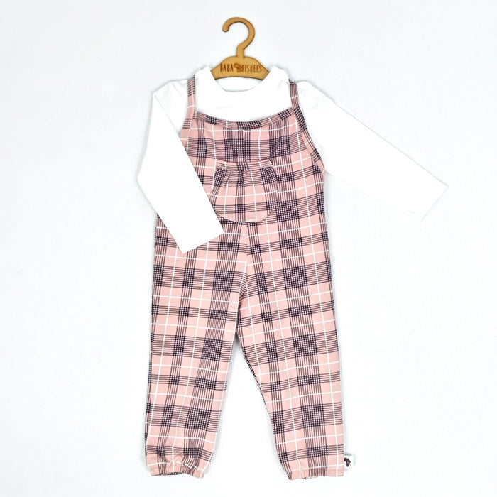SPAGHETTI STRAP ROMPER PINK PLAID WITH LONG SLEEVE WHITE TEE - BABAFISHEES