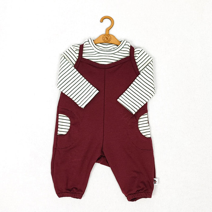 SPAGHETTI STRAP ROMPER MAROON WITH LONG SLEEVE STRIPED TEE - BABAFISHEES