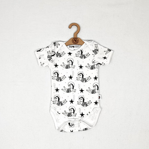 A soft, high-quality short sleeve cotton classic onesie with  illustrations of zebras in space.