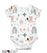 A soft, high-quality long sleeve cotton classic onesie with illustrations of different animals along with flowers and leaves scattered throughout the design.