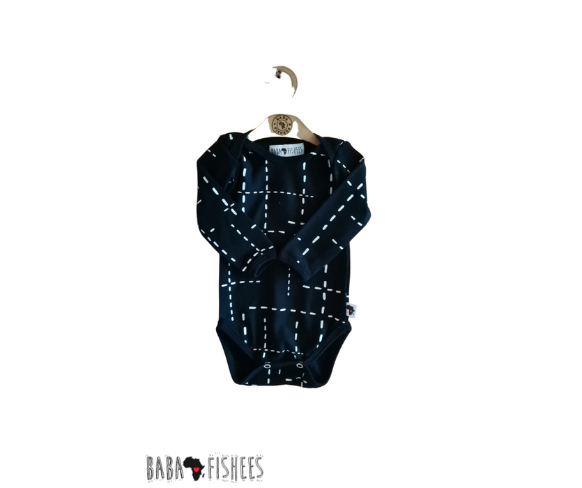 CLASSIC ONESIE  - LS - BLACK WITH WHITE DASH LINES - BABAFISHEES