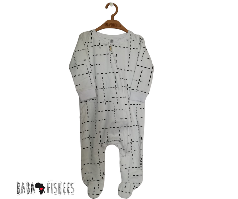 FOOTY ROMPER - WHITE WITH BLACK DASH LINES - BABAFISHEES