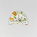A white classic baby beanie featuring colourful watercolor illustrations of various jungle animals, including a lion, giraffe, and monkey, along with palm trees and green leaves scattered throughout the design.