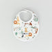 A white classic baby bib featuring colourful watercolor illustrations of various jungle animals, including a lion, leopard, bird and monkey, along with green leaves scattered throughout the design.